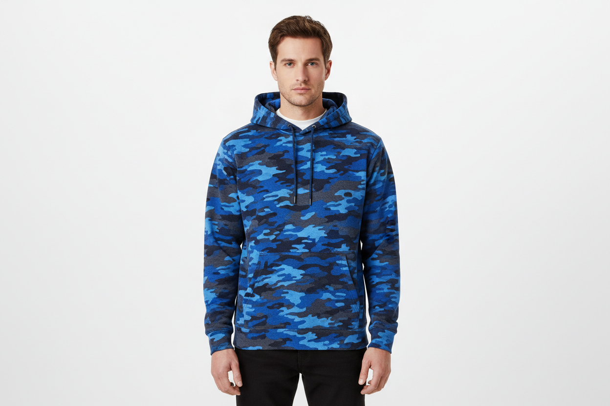 man wearing blue camo colour hoodie, hyper realistic photoshoot, white background